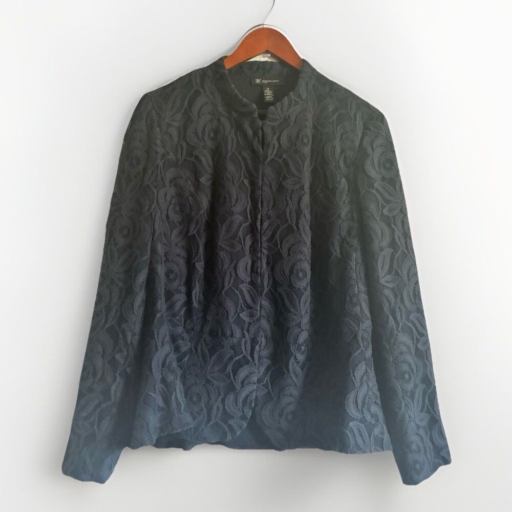 INC International Concepts Blue Lace Jacket Blazer Women 1X Open Front Textured